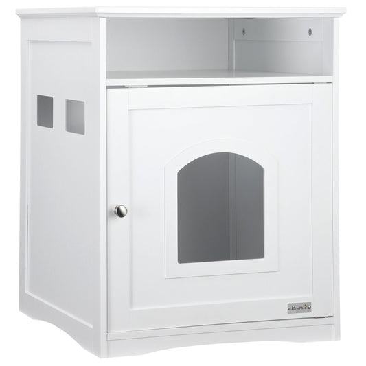 Cat Litter Box Enclosure Hidden Cabinet Cat Furniture Indoor Cat Washroom Nightstand End Table with Cat-sized Hole Wide Tabletop Storage Shelf White at Gallery Canada