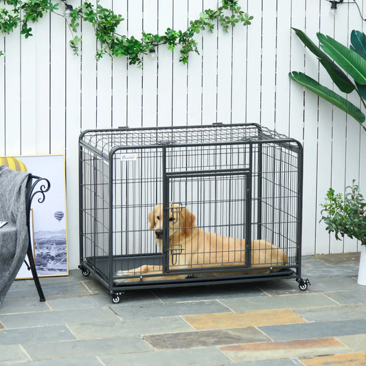 Heavy Duty Folding Dog Crate, Large Size 43" x 28" x 31", Double Doors, Lockable Wheels Tray Houses, Kennels & Pens Dark Grey at Gallery Canada