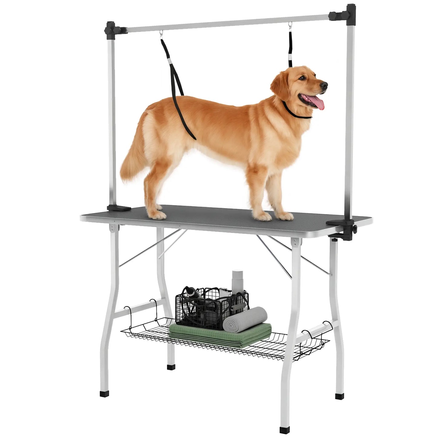 Foldable Dog Grooming Table, Adjustable Arms, Storage Shelf, 42" x 24" x 61", Black Dog Grooming Tables at Gallery Canada
