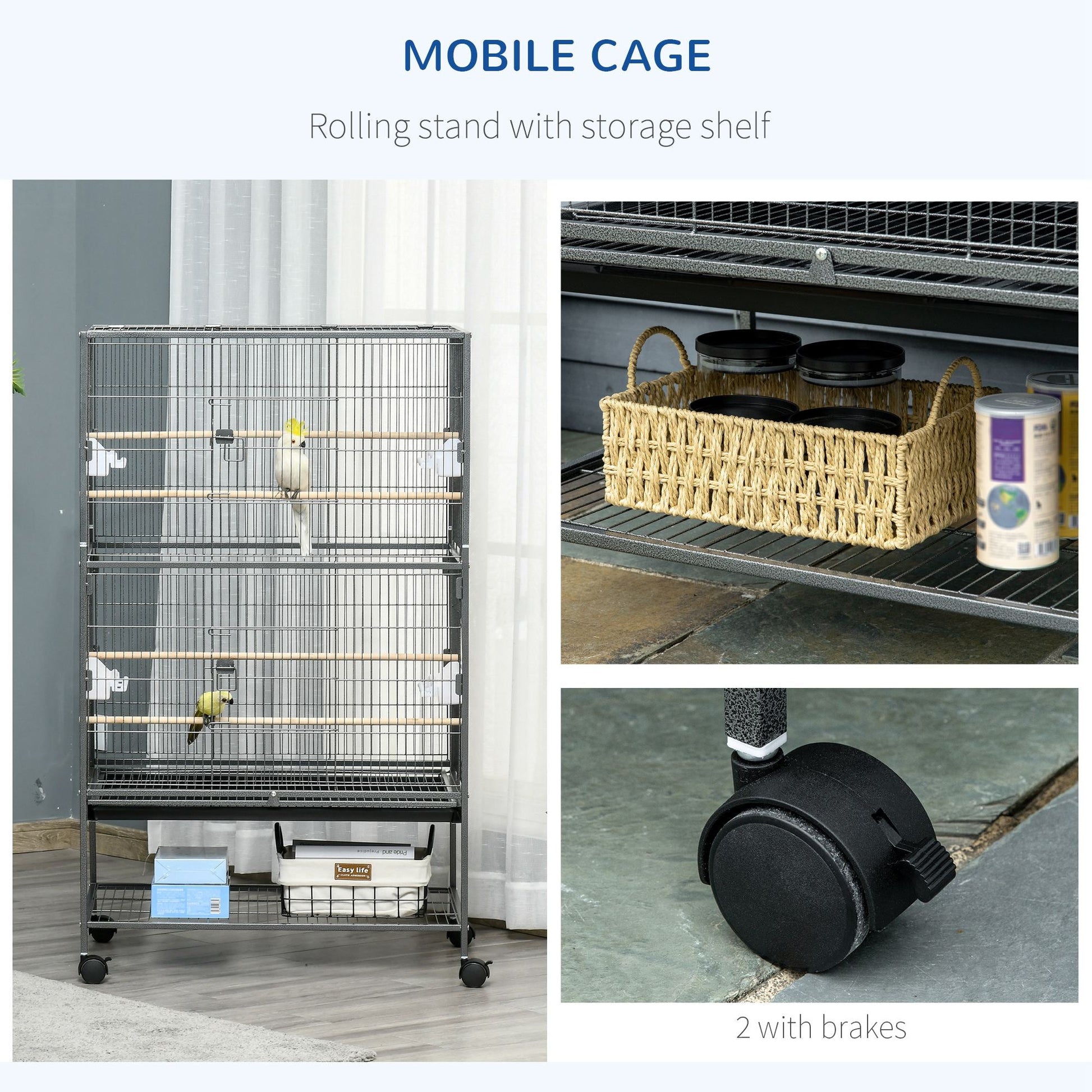 52'' Large Rolling Steel Bird Cage Bird House with Rolling Stand, Storage Shelf, Wood Perch, Food Container, Dark Grey at Gallery Canada