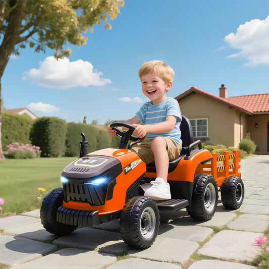 12V Kids Ride On Tractor With Trailer, Remote Control, Orange Toy Excavators Orange at Gallery Canada