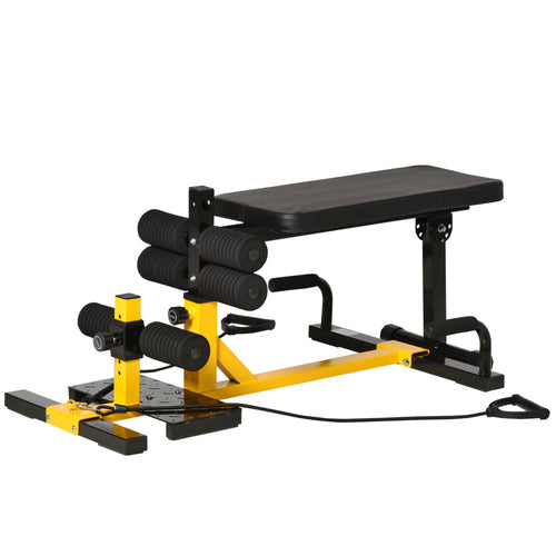 3-in-1 Squat Machine w/ Resistance Bands, Adjustable Padded Bench &; Leg Exerciser, Squats, Push Up, Sit Up for Home, Office, Gym Fitness Equipment, Yellow