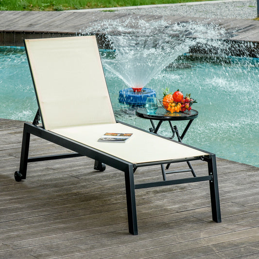 Outdoor Lounge Chair, 5-Position Reclining Backrest, 2 Wheels, Cream White Lounger Chairs Cream White, Black at Gallery Canada