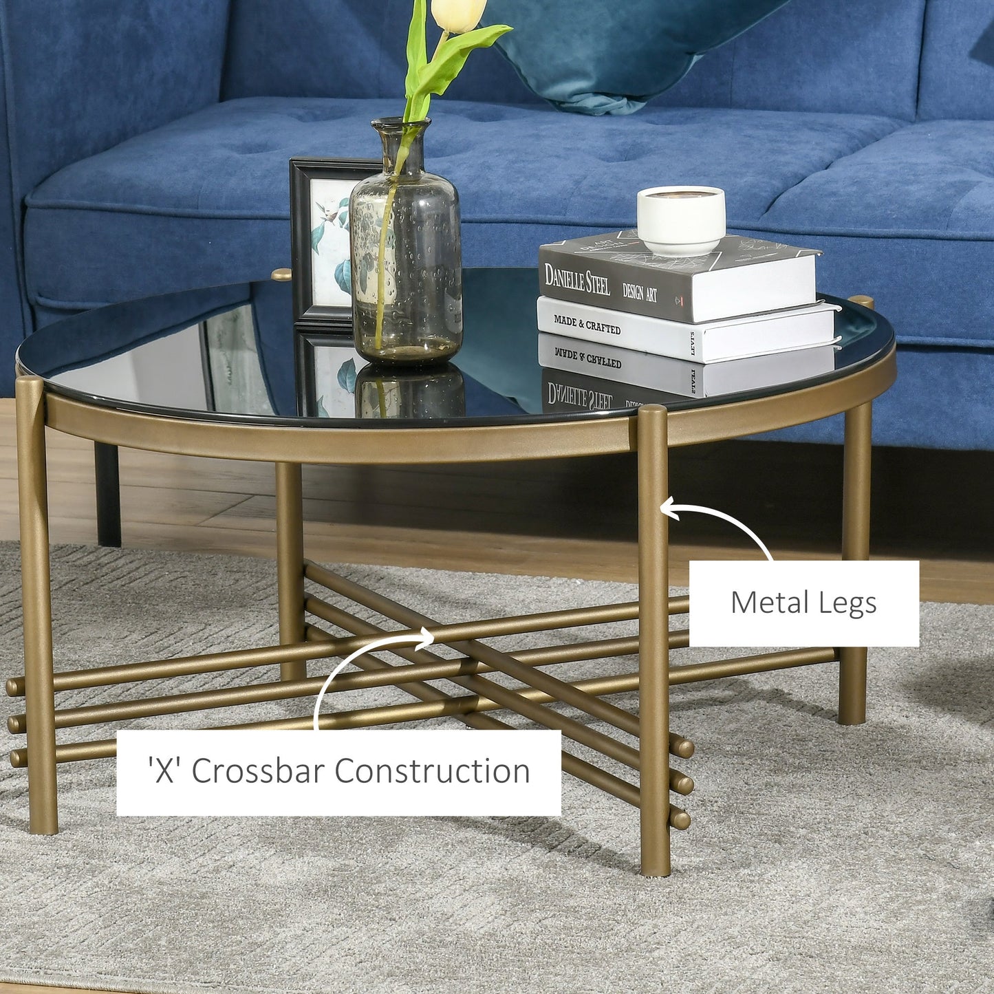 Round Coffee Table with Tempered Glass Top and Golden Metal Legs, Accent Cocktail Table for Living Room at Gallery Canada
