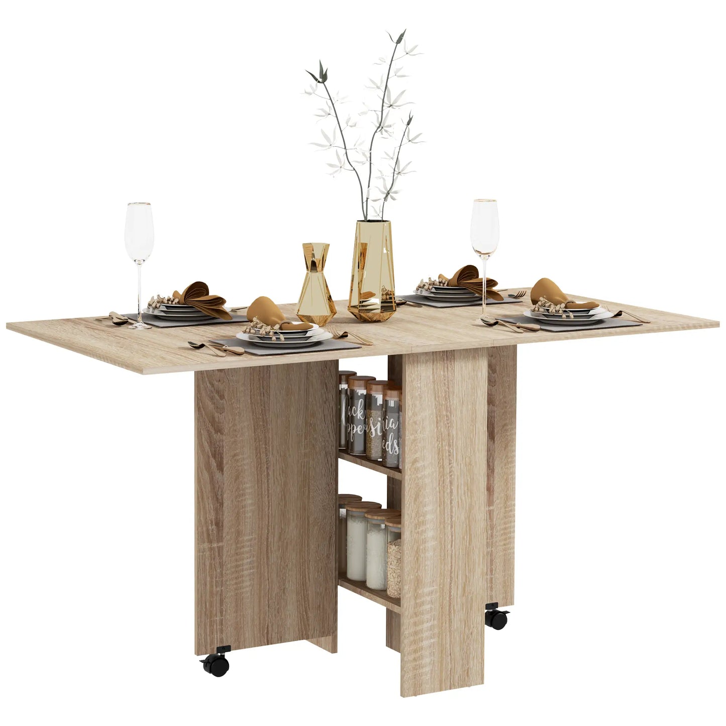 Extendable Dining Table, Collapsible w/ 2-Tier Shelves, Rolling Casters, Nature Wood Dining Tables at Gallery Canada