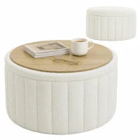 Table basse ronde, rangement dissimulé, polaire sherpa, couvercle réversible, blanc crème, blanc crème