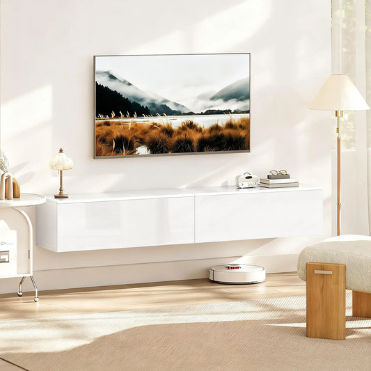 Floating TV Stand For 75 Inch TVs, 70.9 Inch Cabinet, High Gloss White, White TV Stands High Gloss White at Gallery Canada