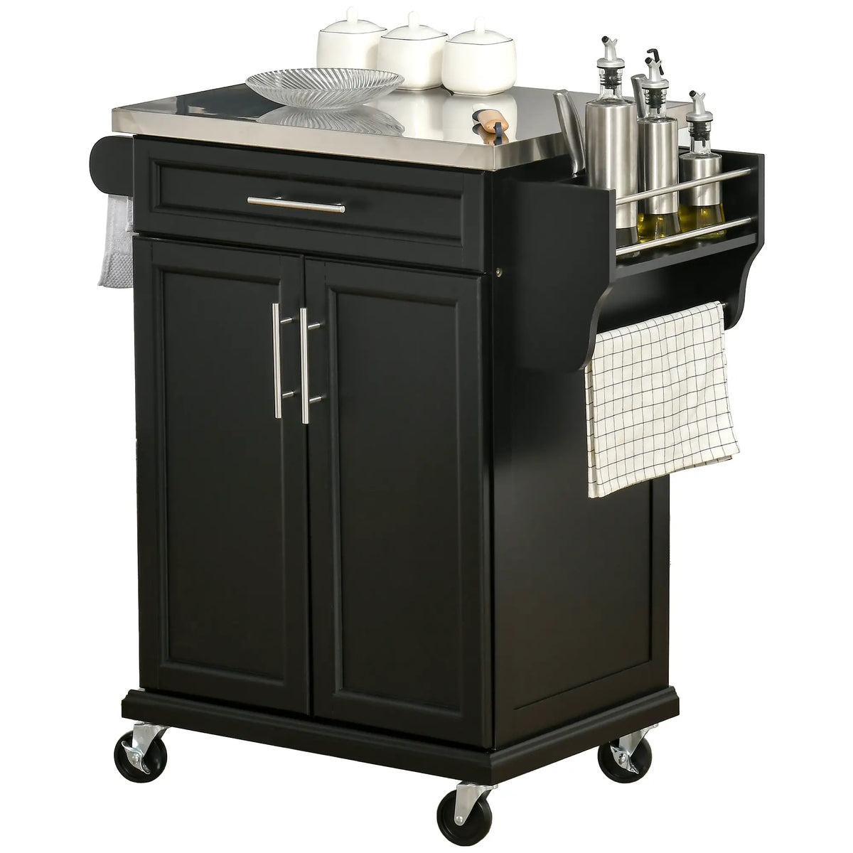 Îlot de cuisine avec plateau en acier inoxydable, chariot roulant, tiroir de rangement, noir