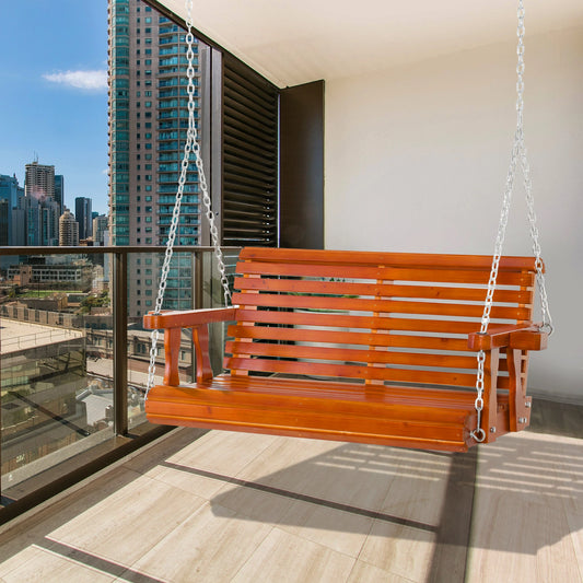 2 Seater Wooden Porch Swing, Patio Chair with Cup Holder, Brown Hanging Porch Swings Brown at Gallery Canada
