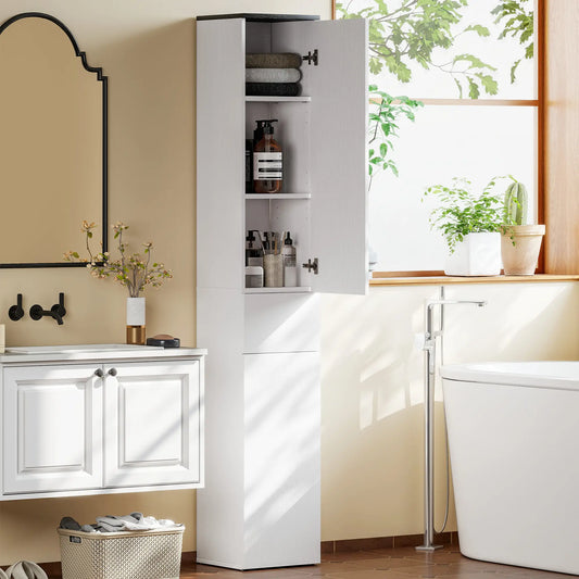 Tall Bathroom Cabinet, 2 Cupboards And Drawer, Adjustable Shelves, White Freestanding Bathroom Cabinets White at Gallery Canada