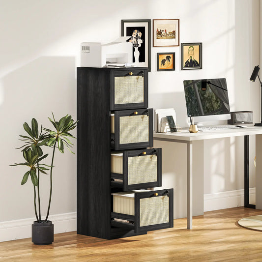 4 Drawer Filing Cabinet with Lock, Boho Style, A4 Letter Size, Black Office Cabinets & Cupboards Black at Gallery Canada