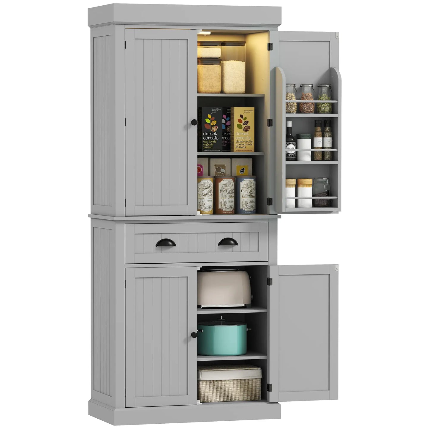 71" Kitchen Pantry Cabinet, LED Lights, 6 Spice Racks, Drawer, 4 Shelves, Grey Kitchen Pantry Cabinets at Gallery Canada