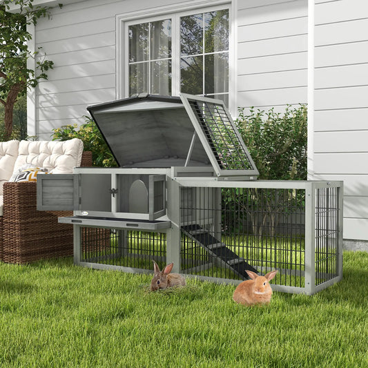 Wood Rabbit Hutch With Ramp, Openable Roof, Pull Out Tray, Light Grey Rabbit Hutch Light Grey at Gallery Canada
