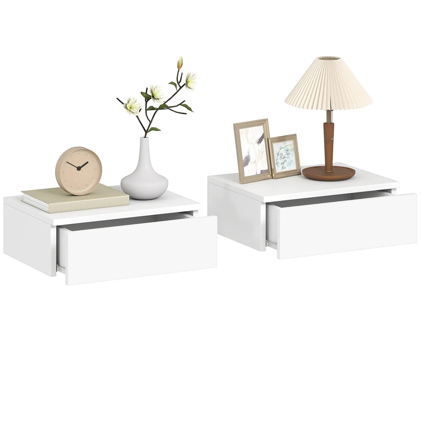 Set of 2 Wall Mounted Bedside Tables, High Gloss Floating Nightstands with Drawer, White Bedside Tables at Gallery Canada
