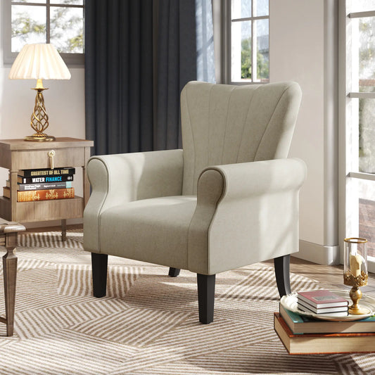 Modern Fabric Armchair with Wood Legs, Living Room, Bedroom, Beige Accent Chairs Beige at Gallery Canada