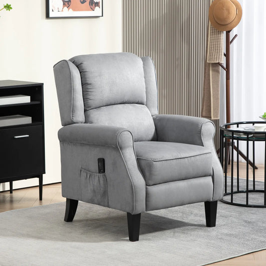 Push Back Recliner Chair, Vibration Massage, Extendable Footrest, Remote, Pocket, Grey Single Sofas Grey at Gallery Canada