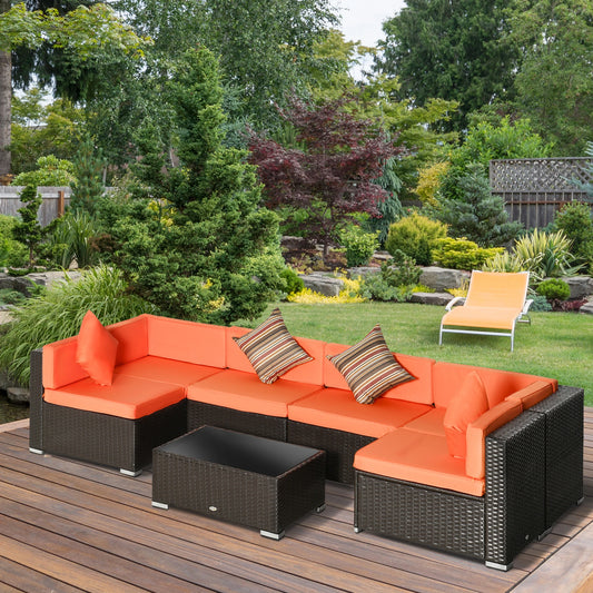 7pcs Garden Wicker Sectional Set, Tea Table, Patio Rattan Sofa, Cushion, Outdoor Deck, Orange Patio Furniture Sets Dark Brown Rattan, Orange Fabric at Gallery Canada