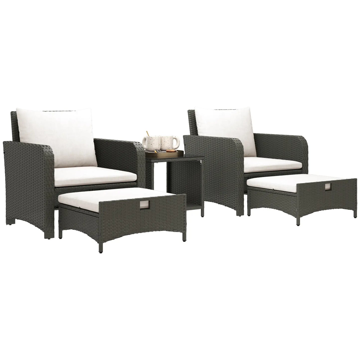 5 Piece Rattan Balcony Set, Wicker Outdoor Furniture, 2-Tier Coffee Table, Ottomans, Cream White, Grey Patio Furniture Sets at Gallery Canada