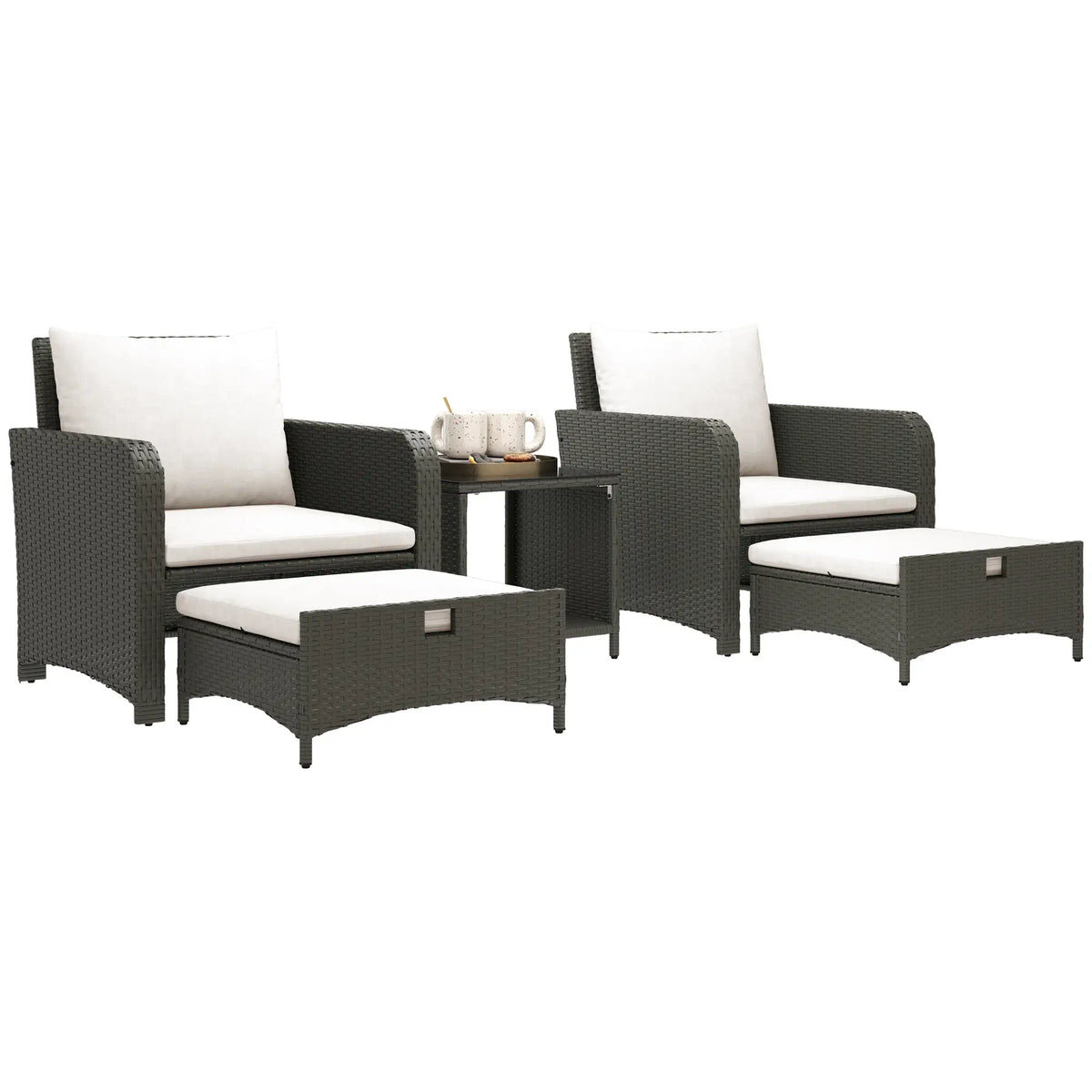 Ensemble de balcon en rotin 5 pièces, meubles d'extérieur en osier, table basse à 2 niveaux, poufs, blanc crème, gris