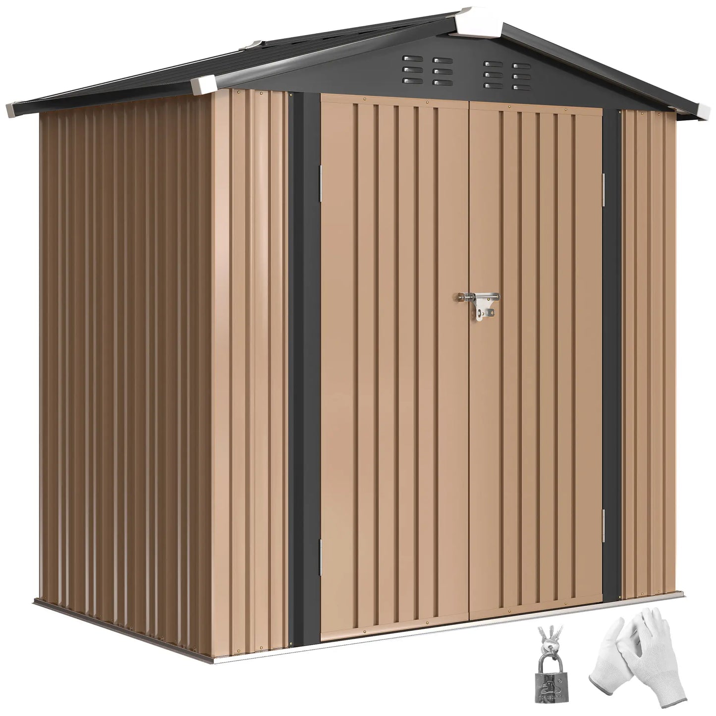6.5' x 4' Metal Outdoor Storage Shed, Lockable Double Doors, 4 Vents, Brown Sheds at Gallery Canada