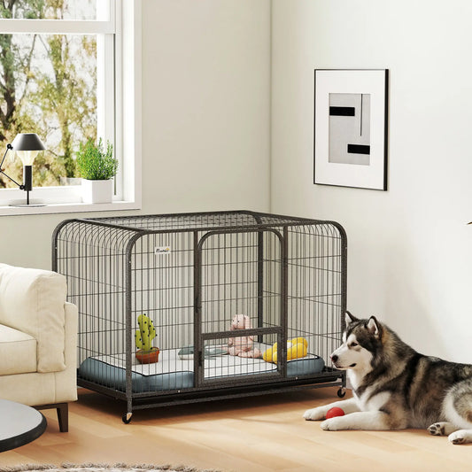 48 Inch Heavy Duty Dog Crate, Large Metal Cage, Lockable Wheels, Removable Tray Dog Cages & Crates Black at Gallery Canada