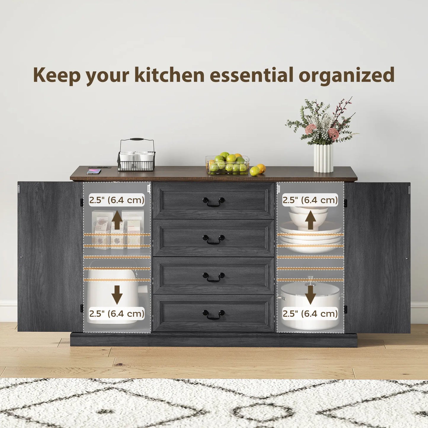 Farmhouse Sideboard with Charging Station, 58" Buffet Cabinet, Black Storage Cabinets at Gallery Canada