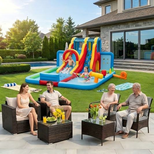 Ultimate Backyard Summer Oasis Set: 6-Pc Patio Rattan Furniture Inflatable Water Slide Park with 680W Blower Outdoor & Patio Furniture Multicolor at Gallery Canada