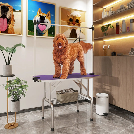 Adjustable Dog Grooming Table, 2 Safety Slings, Storage Basket, Purple Dog Grooming Tables Purple at Gallery Canada