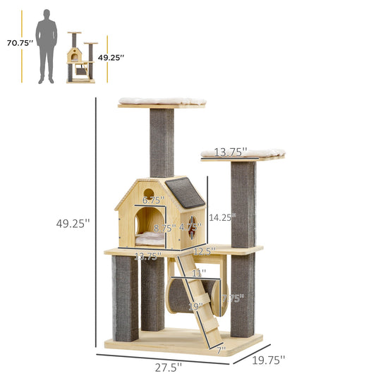 49" Cat Tree Kitty Activity Center Wooden Cat Climbing Toy Pet Furniture with Cat Condo Cat Roller Ladder Cushions Sisal Scratching Post Pad, Natural at Gallery Canada