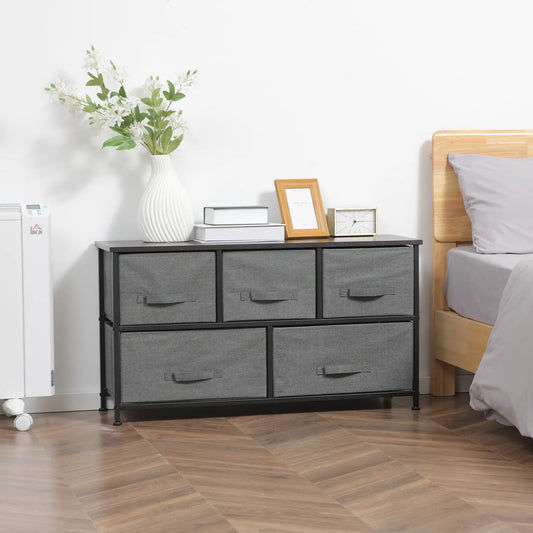 Linen Drawer Cabinet, 5 Removable Drawers, Metal Frame, Adjustable Feet, Dark Grey