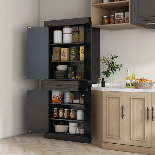 71" Freestanding Kitchen Pantry, 4 Doors 2 Cabinets, Distressed Black, Black Kitchen Pantry Cabinets Distressed Black at Gallery Canada