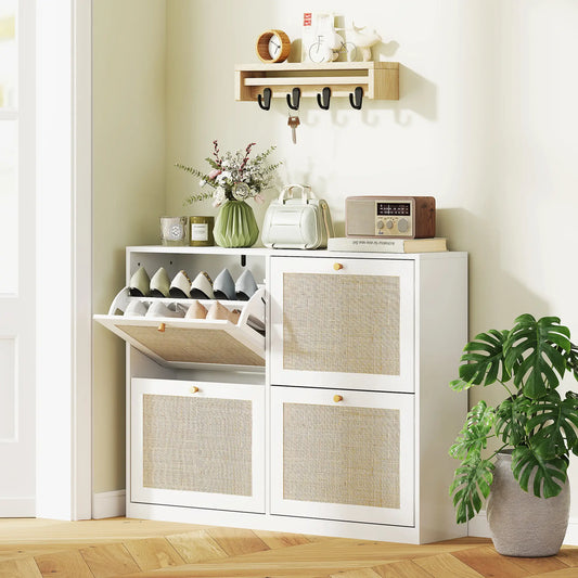 Narrow Shoe Storage Cabinet, 4 Flip Drawers, Adjustable Shelves, 20 Pairs, White Shoe Storage Cabinets & Racks White, Natural at Gallery Canada