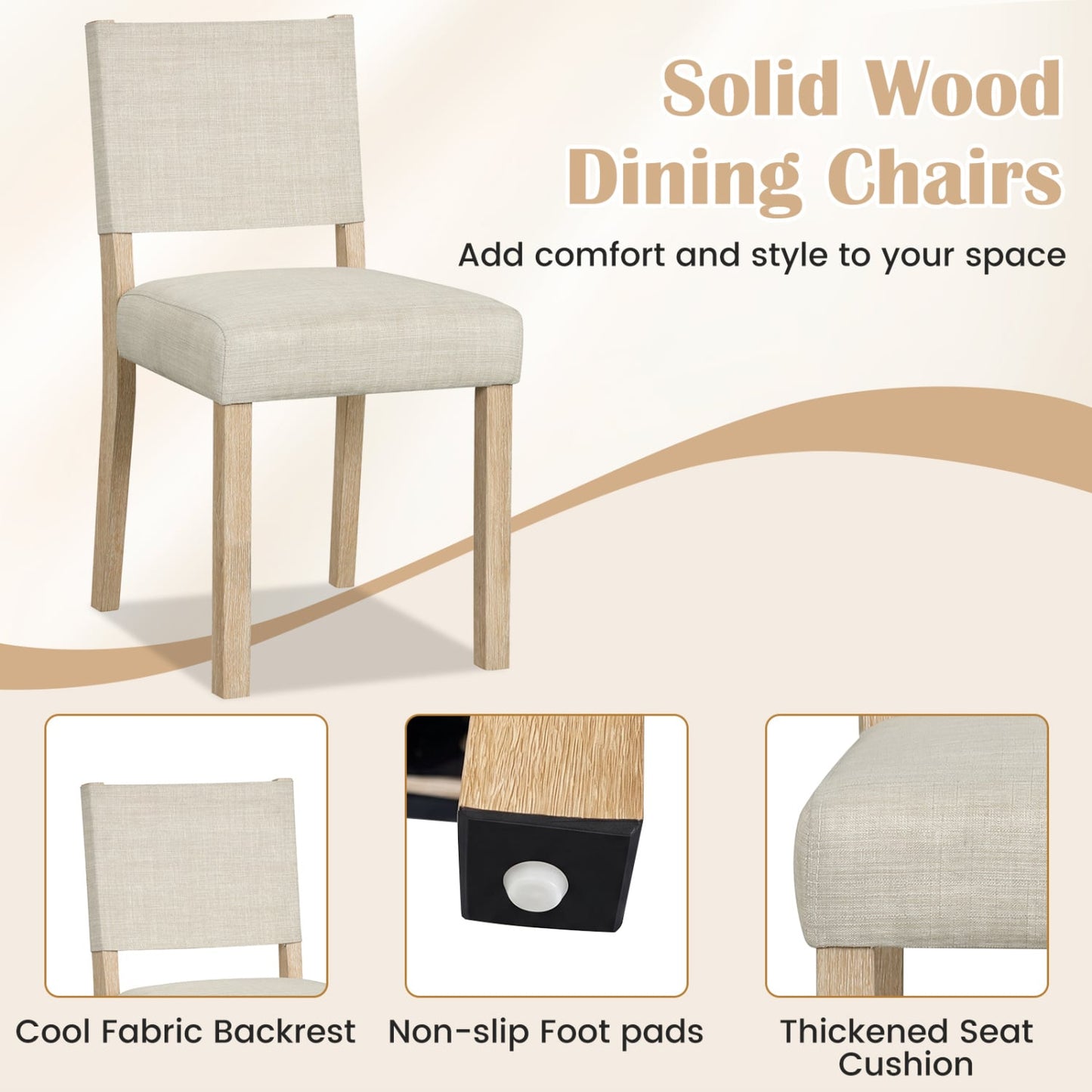 Upholstered Dining Chairs With Rubber Wood Legs, Set Of 2, Beige