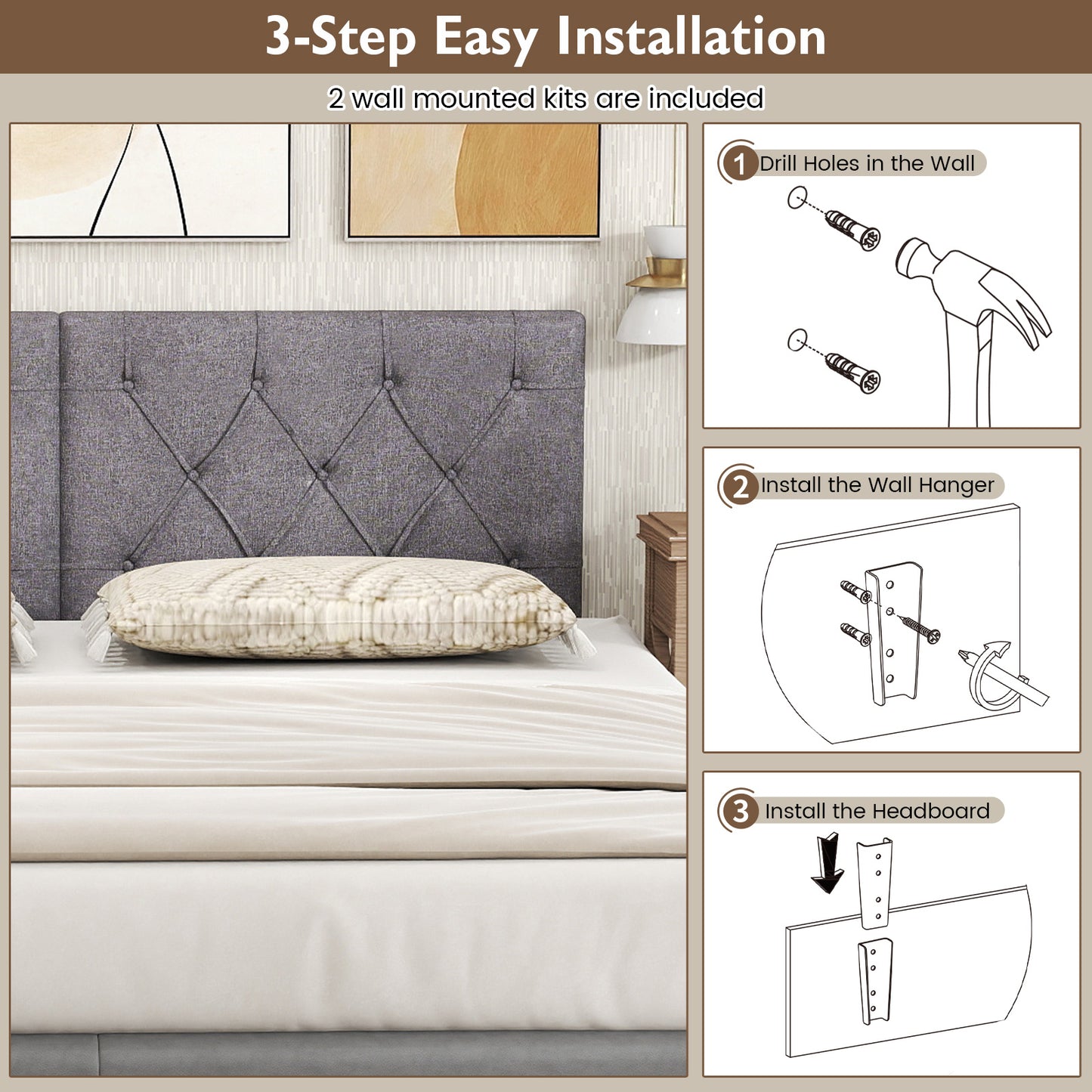Upholstered Headboard for Twin Size Bed with Fabric Upholstery, Gray Bedding at Gallery Canada