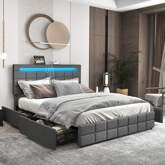 Upholstered LED Bed Frame, Headboard, 4 Drawers, Full Size, Gray Simple Bed Frame Gray at Gallery Canada