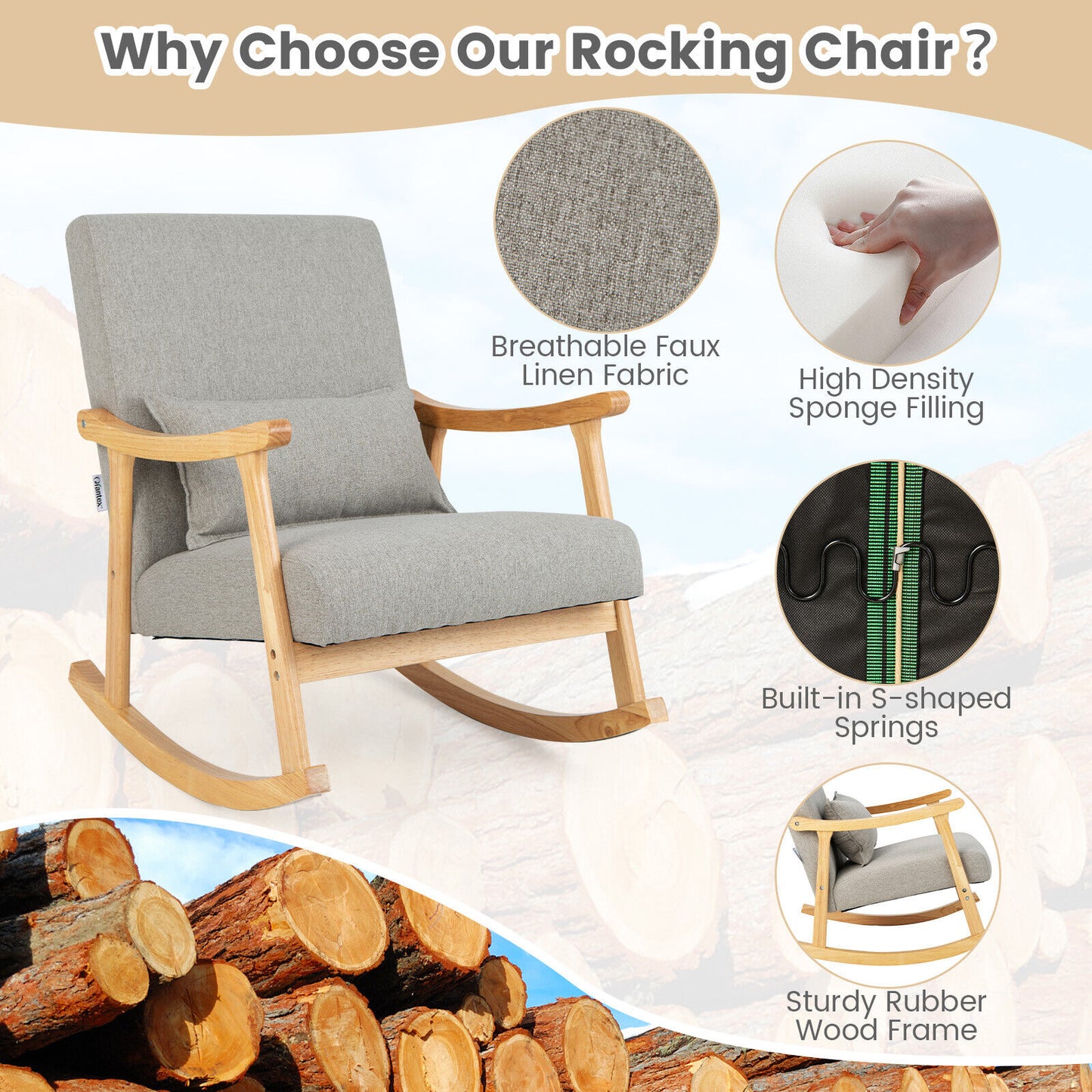 Upholstered Rocking Chair With Pillow, Gray Accent Chairs at Gallery Canada