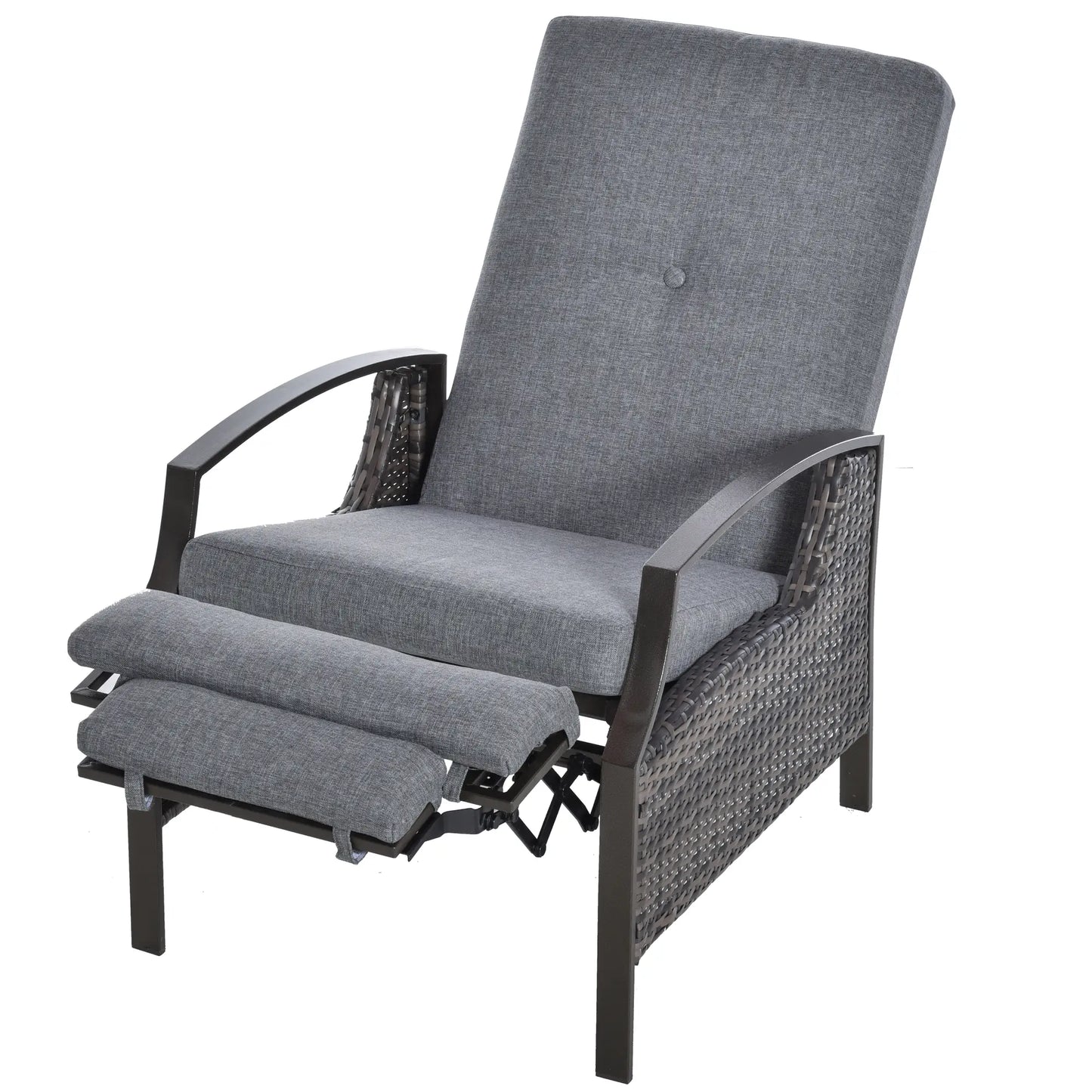 Outdoor Rattan Recliner Chair, Adjustable Back, Retractable Footrest, Grey Chaise Loungers at Gallery Canada