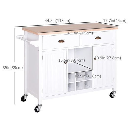 Rolling Kitchen Island, Bar Cart on Wheels with Large Counter, 2 Spacious Drawers and Storage Cabinets, Wine Rack, White - Gallery Canada