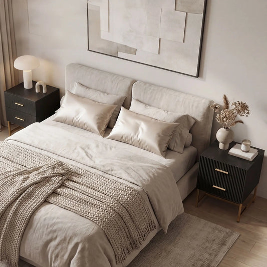Modern Nightstands With Storage, 2 Fluted Drawers, Gold Legs, Black