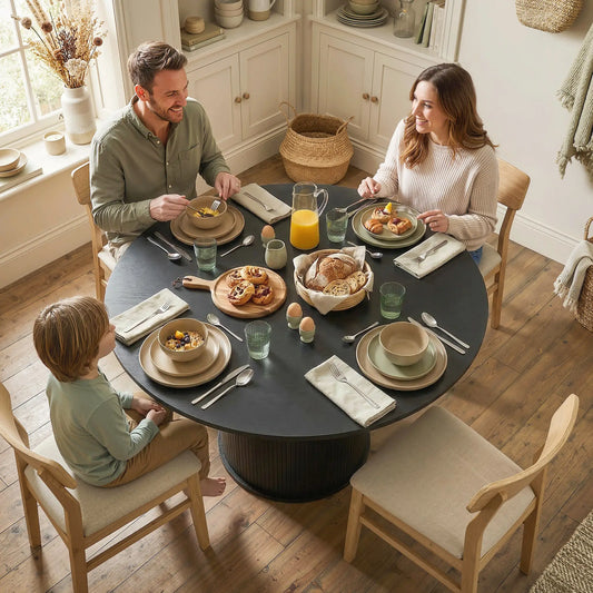 47 Inch Round Dining Table For 5, Fluted Pedestal Base, Black Dining Tables Black Wood Grain at Gallery Canada