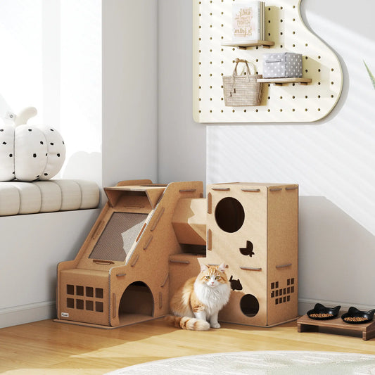 Maison pour chat en carton à plusieurs niveaux, Condo de jeu en carton ondulé avec tapis à griffer
