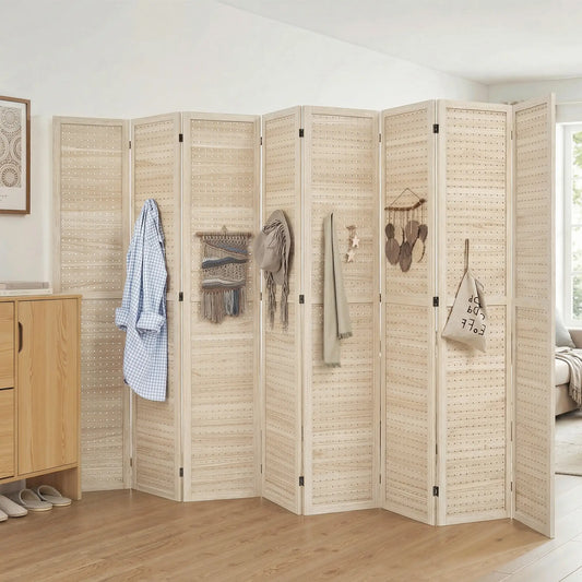 5.6 Ft. 8-Panel Room Divider, Pegboard Privacy Screen, Partition Wall, Natural