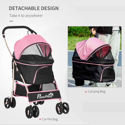 4 Wheels Pet Stroller, 3 in 1 Dog Cat Travel Folding Carrier, for Small Dogs, Detachable, w/ Brake, Canopy, Basket, Storage Bag - Pink at Gallery Canada
