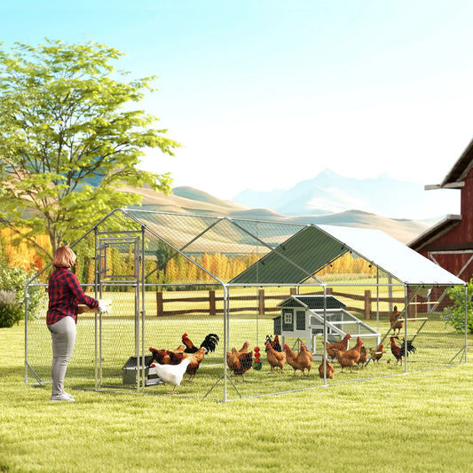 Large Metal Chicken Run, Waterproof UV-Resistant Cover, Feeding Door, Hanging Feeder, Perch, 18-24 Chickens Chicken Coops Silver at Gallery Canada