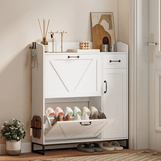 Farmhouse Shoe Storage Cabinet, Holds 12 Pairs, Adjustable Shelves, White Shoe Storage Cabinets & Racks Distressed White at Gallery Canada