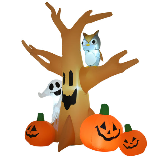 Inflatable Halloween Decoration Haunted Tree with Owl/Ghost/Pumpkins, Blow-Up Outdoor LED Display for Lawn, Garden, Party