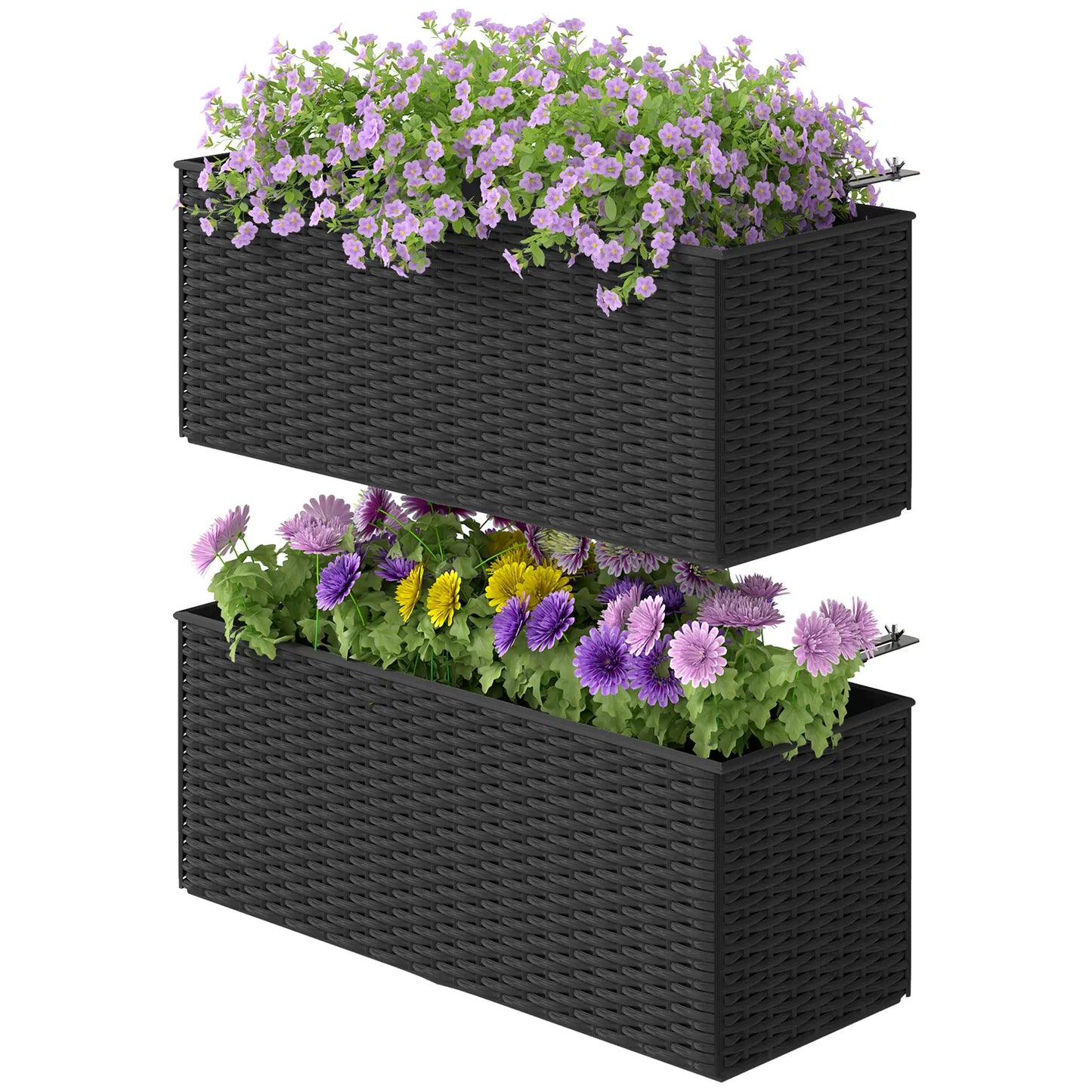2 Pack 20 Inch Self-Watering Hanging Pots, Railing Planter, Rattan Look, Black Garden Accessories at Gallery Canada