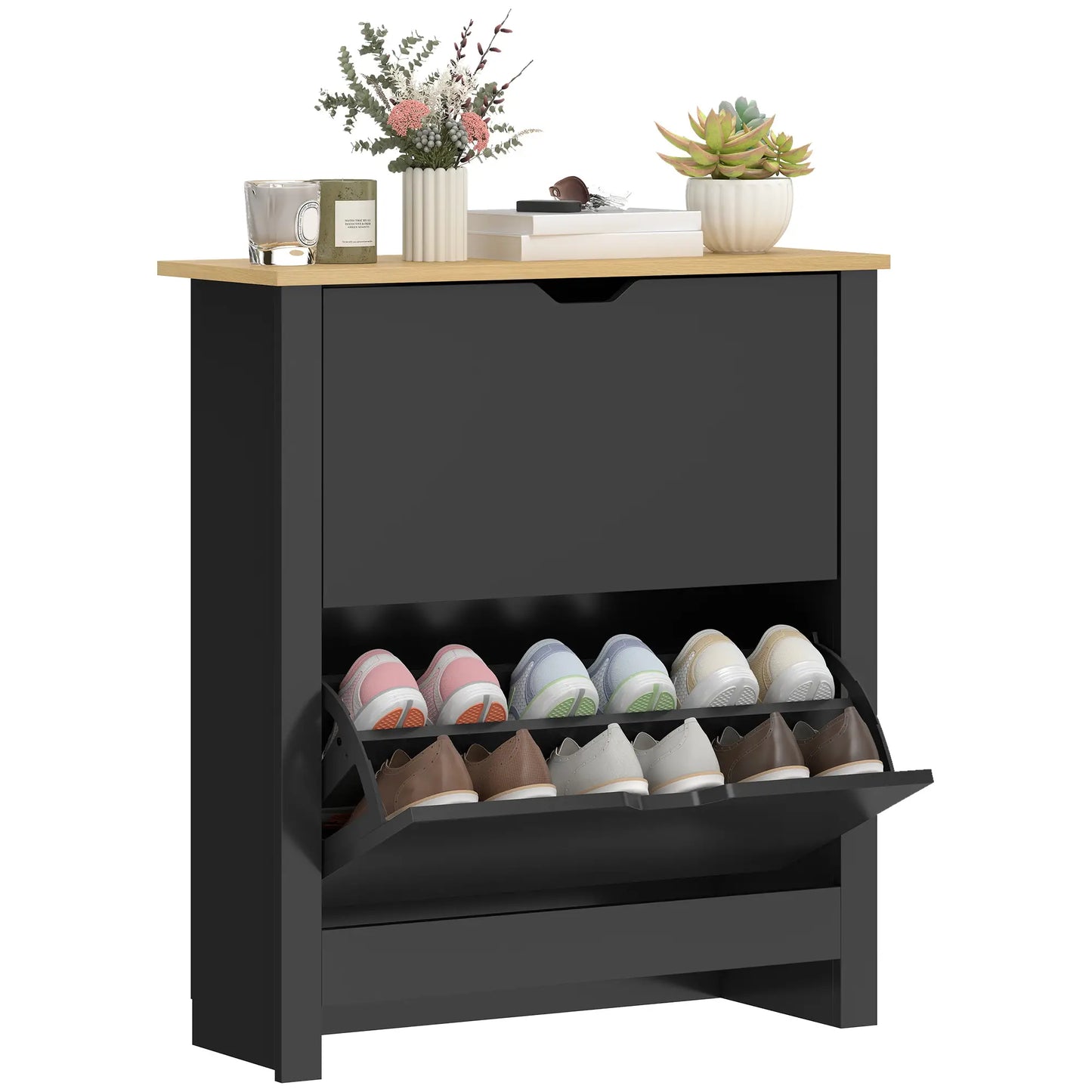 Shoe Storage Cabinet, 2 Flip Drawers, Adjustable Shelves, 8-12 Pairs, Black Shoe Storage Cabinets & Racks at Gallery Canada
