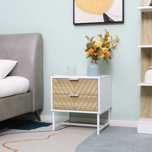 Modern Bedside Table, 2 Drawers, Steel Frame, Oak, White Bedside Tables White, Oak at Gallery Canada