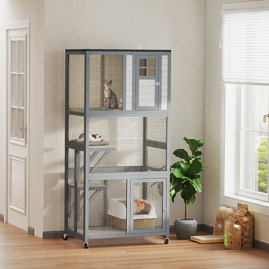 74" Wooden Outdoor Cat House, Weatherproof, Wheeled, Light Grey Outdoor Cat Enclosures Dark Grey, Light Grey, Black at Gallery Canada